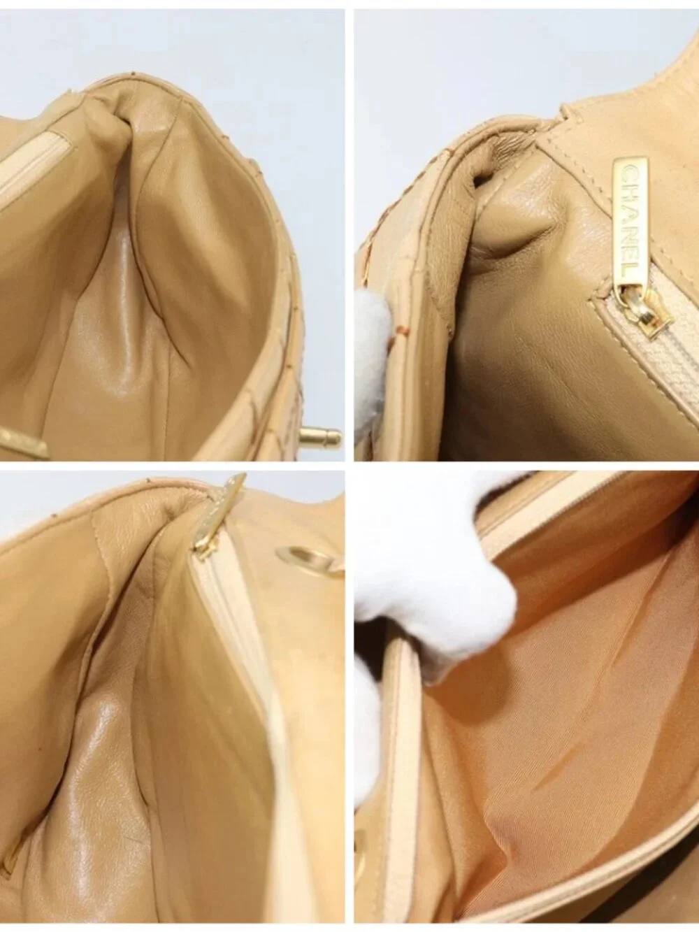 CHANEL Wild Stitch Choco Bar Chain Bag Lamb Skin Beige Gold CC Auth gh2006